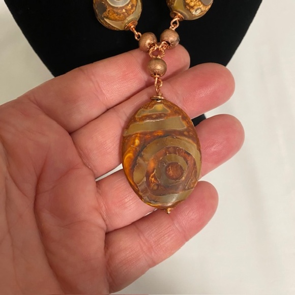 Artisan Tibetan Natural Dzi Agate Beads Copper Links Necklace Size 14" - Picture 5 of 8